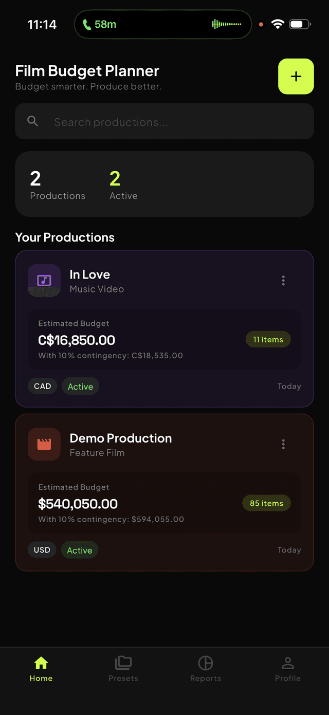 Film Budget Planner - Productions list