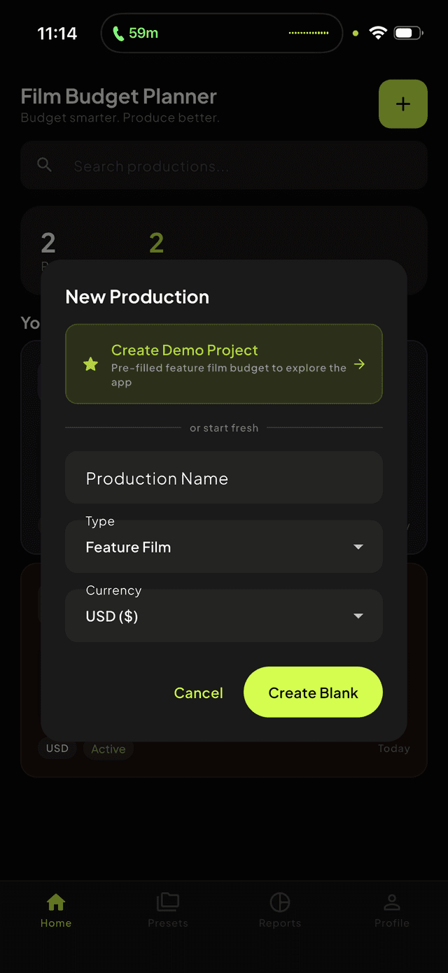 Create new production dialog