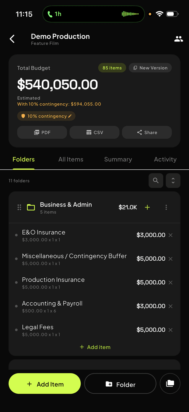 Film Budget Planner - Budget detail view